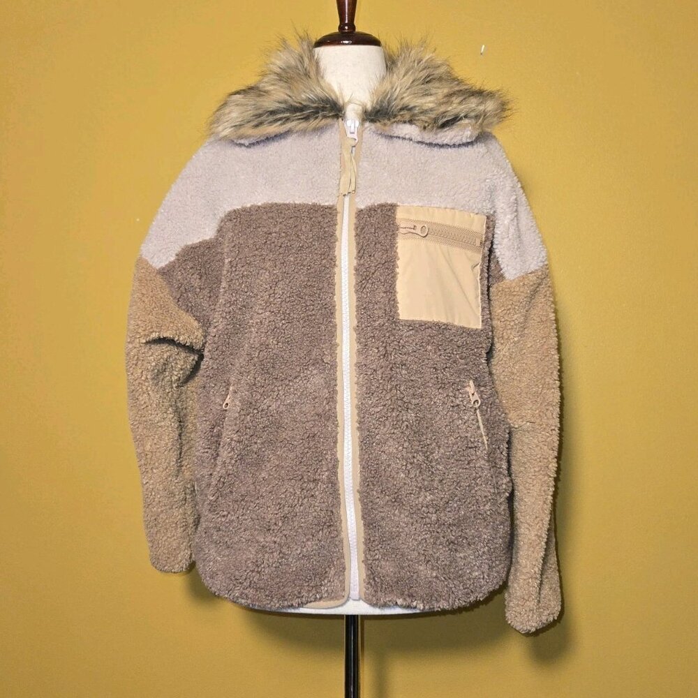 Boundless North Sherpa Jacket Coat Size‎ S Oversized Tan Brown Winter Fur Collar